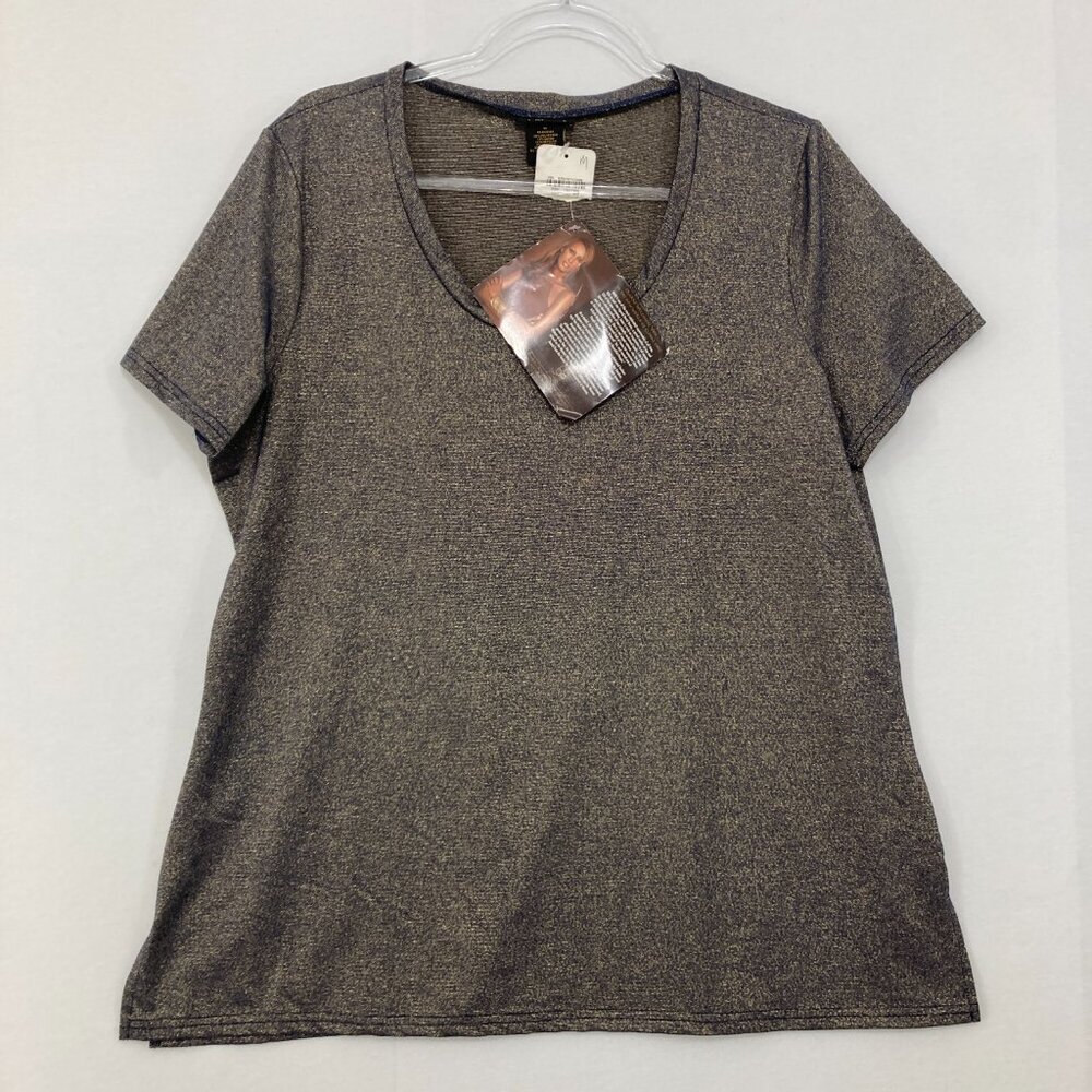 New IMAN size XL Metallic V neck Short Sleeve Stretch Casual‎ Shirt